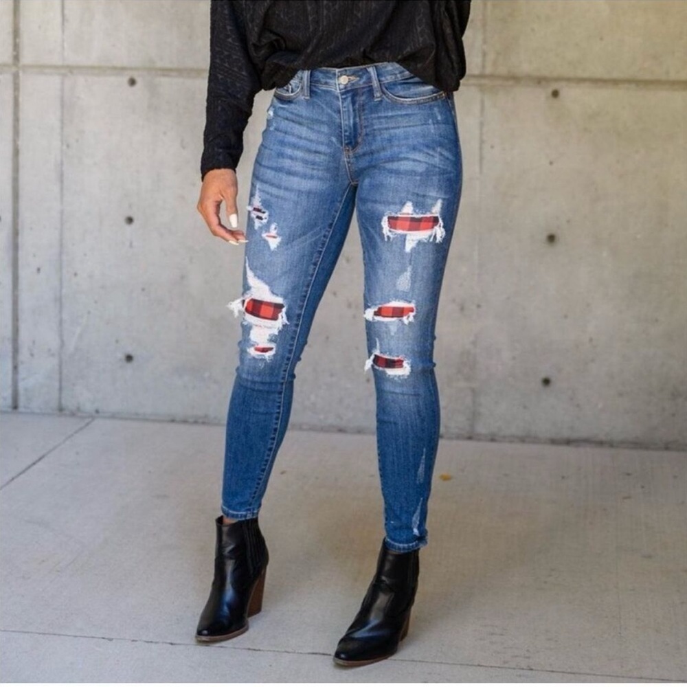 Judy Blue Buffalo Check Plaid Distressed Skinny Fit Jeans Womens Size 26